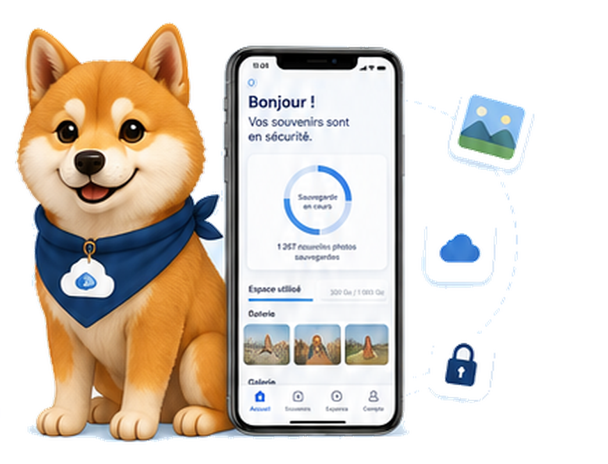 Naya, la mascotte d'ERNAYA, à côté de l'application ERNAYA affichant une sauvegarde en cours